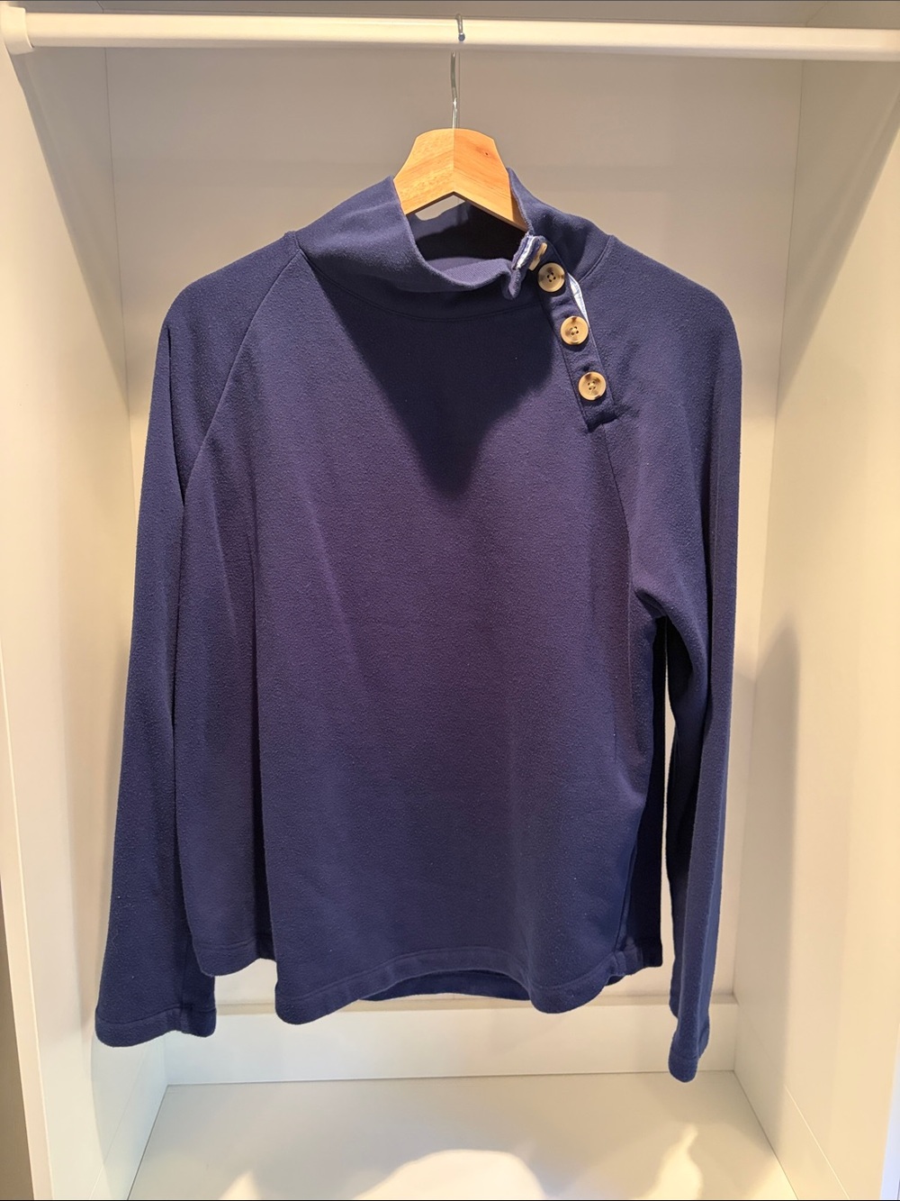 J. Crew Navy Button-Shoulder Mock Neck Sweatshirt